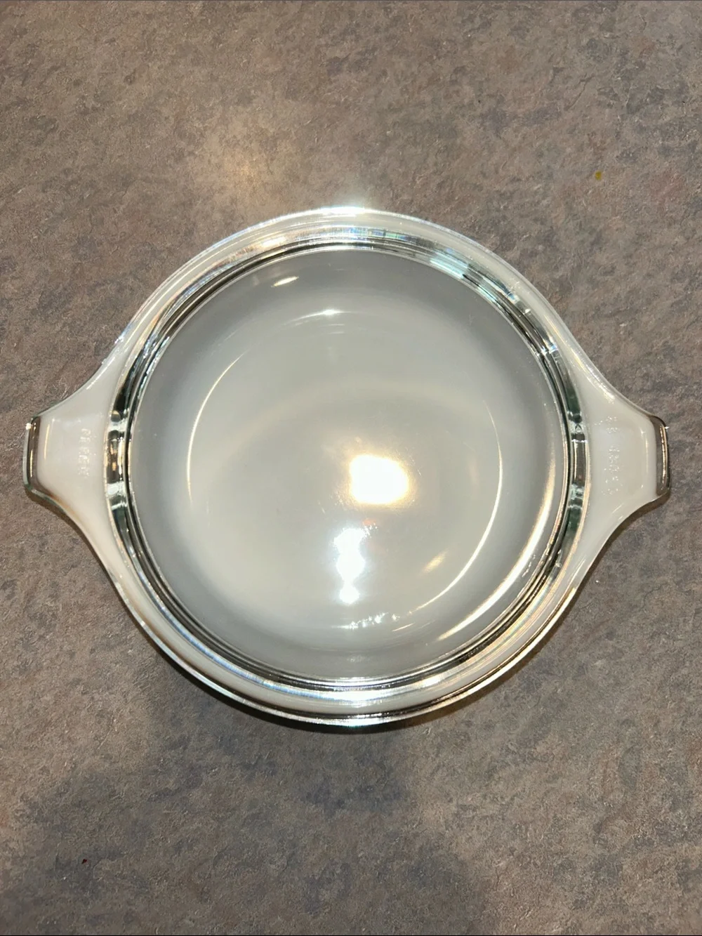 Vintage Pyrex Brown Gold-Accent Casserole with Clear Glass Lid. Early American